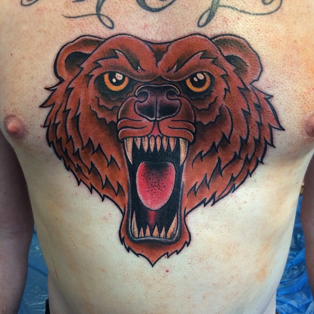 Aggresive Red Ink Bear Head Tattoo For Men Front Body