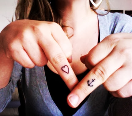 Amazing Black Ink Heart and Anchor Tattoo For Women Finger