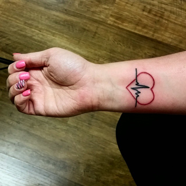 Awesome Red and Black Ink Heartbeat Tattoo For Women Wrist