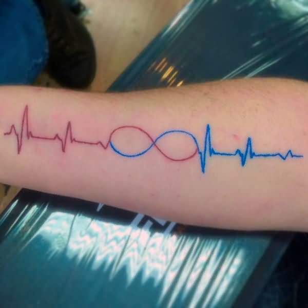 Awesome Red and Blue Ink Infinity Heartbeat Tattoo Design For Sleeve