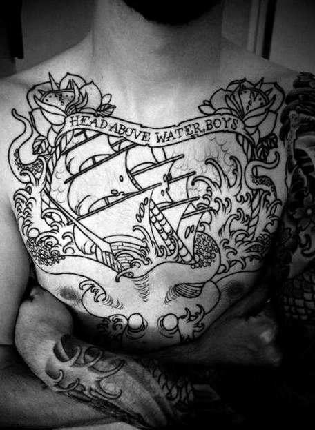 Black Ink Amazing Banner Quote and Pirate Ship Tattoo For Men Chest