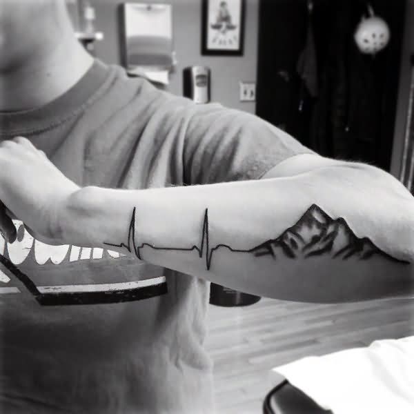 Black Ink Best Heartbeat Mountain Tattoo Design For Men Forearm