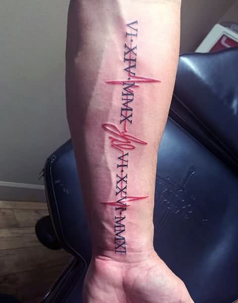 Black and Red Ink Awesome Heartbeat Tattoo Design With Date On Men Arm
