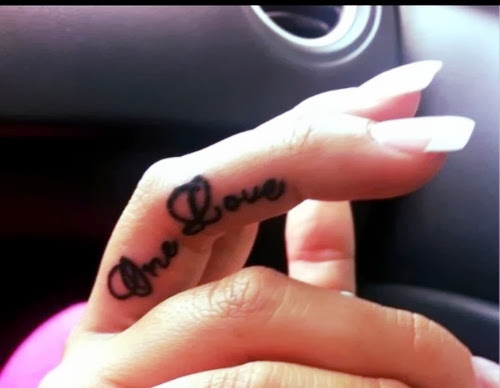 Brilliant Black Ink One Love Ring Finger Tattoo For Cool Girl