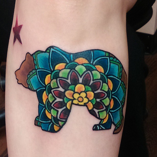Brilliant Colorful Ink Bear Flower Tattoo Design For Girl Sleeve