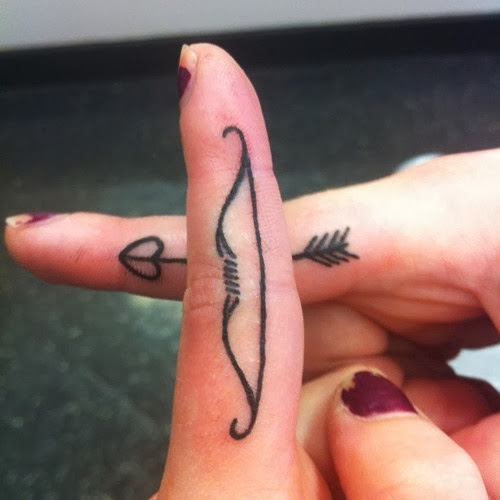 Coolest Black Ink Bow Arrow Finger Tattoo Idea For Cool Girl