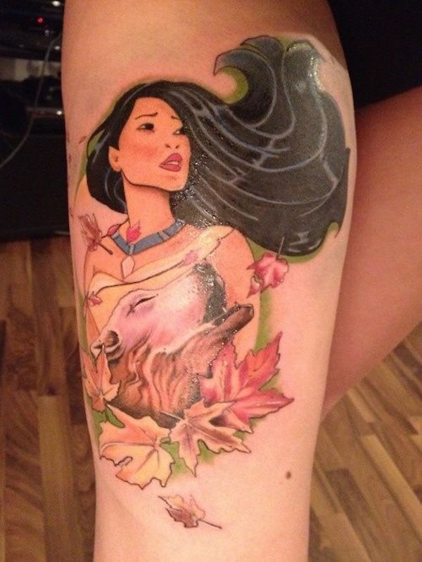 Coolest Colorful Asian Animated Girl Face Tattoo On Men Calf