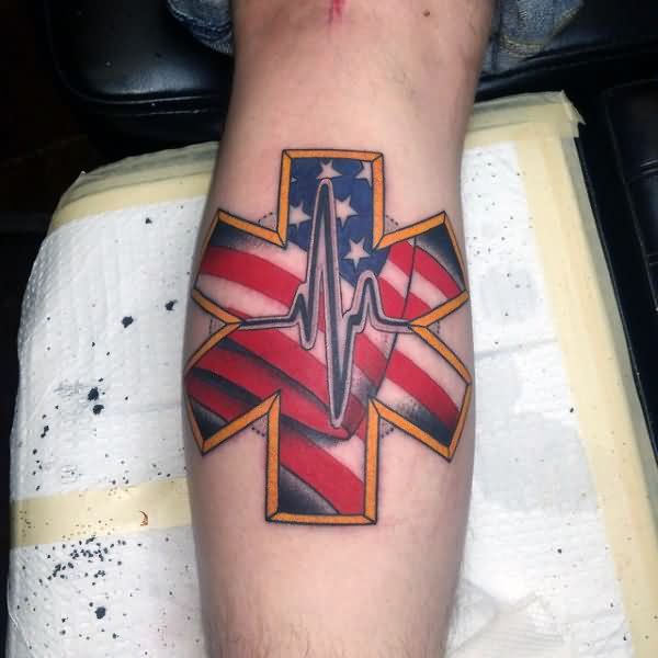 Coolest Colorful Ink American Flag Heartbeat Tattoo Deisgn Made On Men Calf