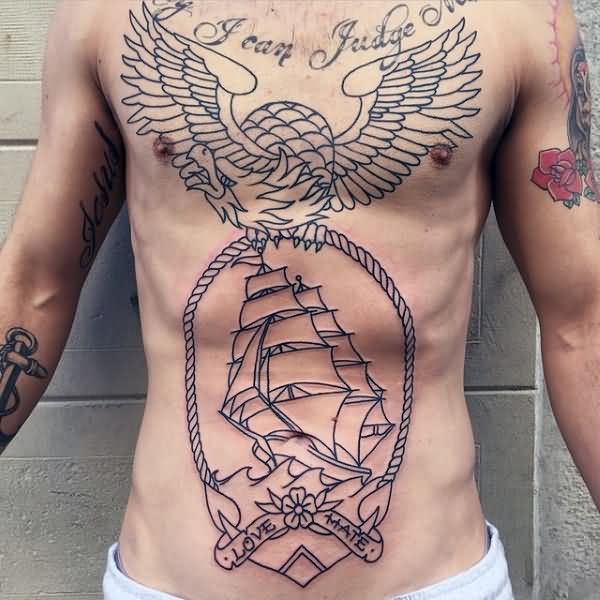 Coolest Eagel Wings Pirate Ship and Love Hate Banner Tattoo Outline On Men Front Body