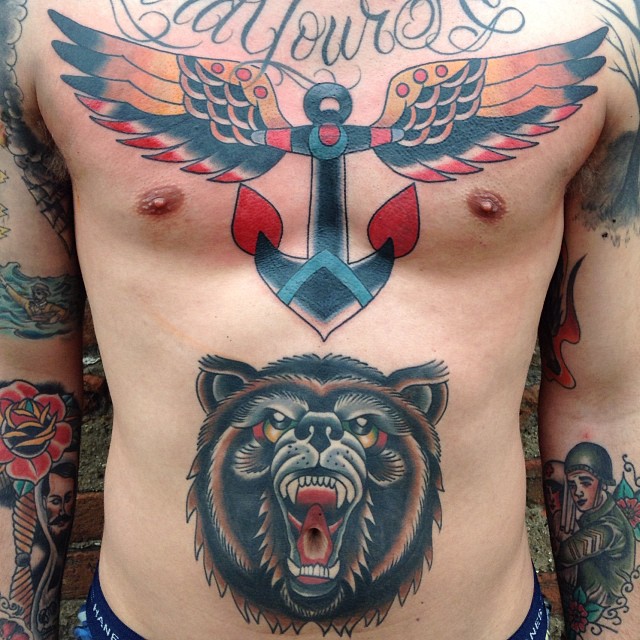 Coolest Grey Bear Hear Anchor Wings Tattoo For Men Front Body