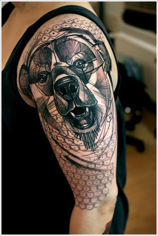 Coolest Grey Ink Bear Face Head Tattoo For Men Upper Arm With Nice Pattern