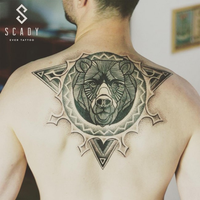 Coolest Grey Ink Bear Head Tattoo Design On Cool Men Back Body