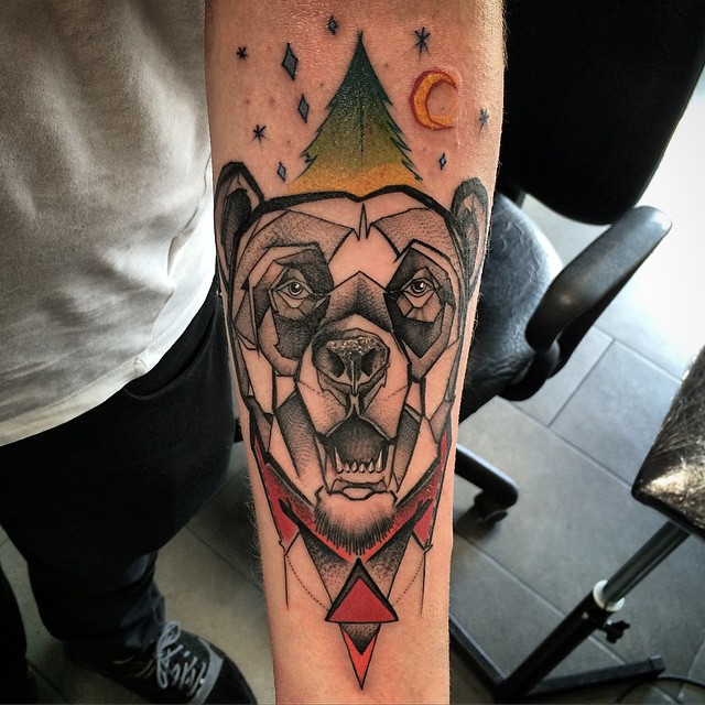 Coolest Grey Ink Bear Head Tree Moon Tattoo Design On Men Forearm