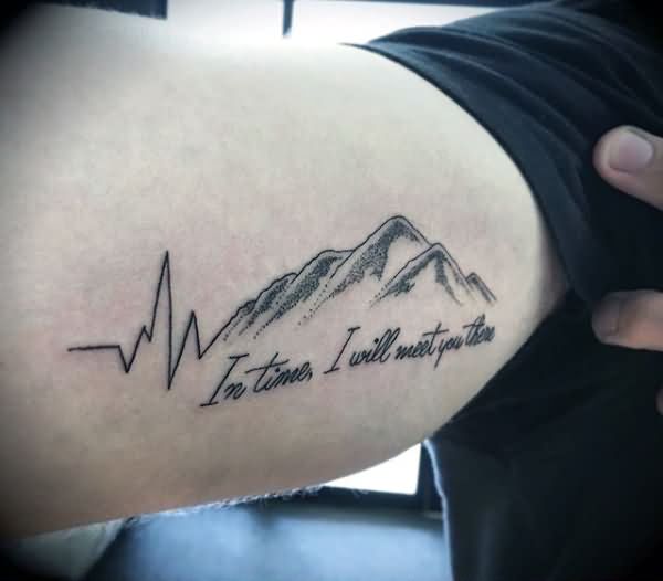 Coolest Grey Ink Heartbeat Mountain Tattoo For Men Inner Arm or Biceps