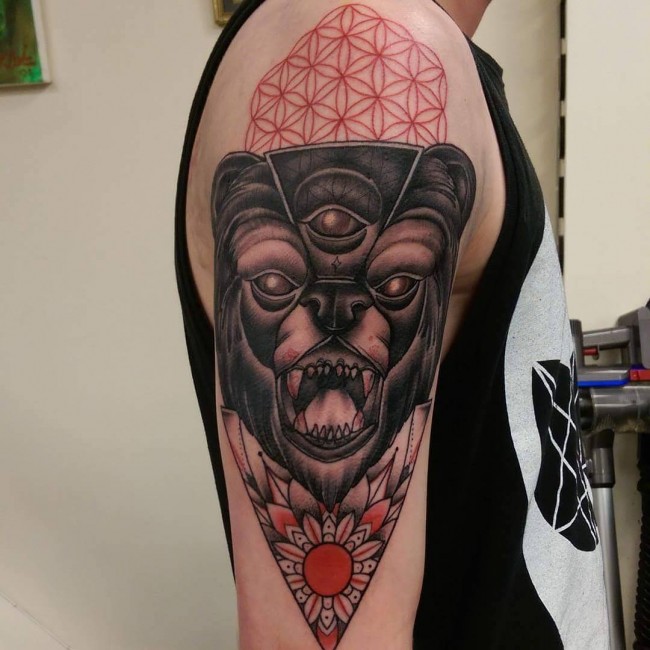 Coolest Grey and Red Ink Scary Bear Face Tattoo On Men Upper Arm With Third Eye