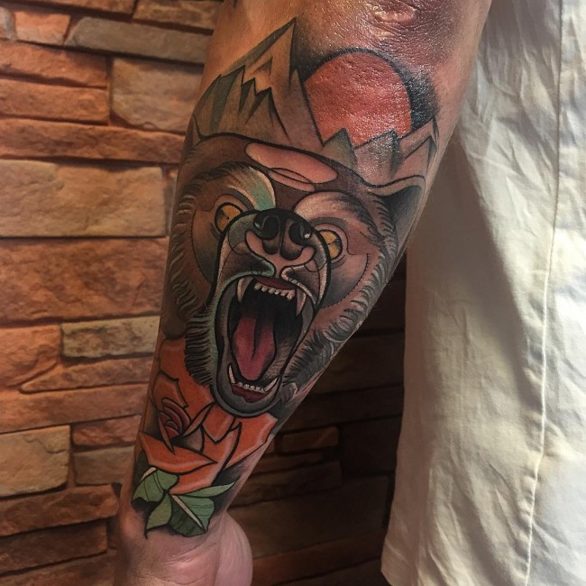 Coolest Scary Grey Ink Bear Angry Face Tattoo For Men Forearm