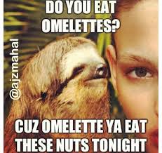 Funny Sloth Wisper Memes Do you eat omelettes cuz omelette ya eat these nuts tonight