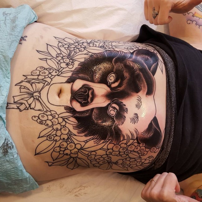 Grey Ink Fabulous Bear Animal Fruit Vine Tattoo For Women Belly
