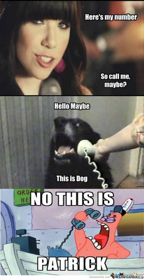 Here's my number so call me maybe hello maybe this is dog Funny Patrick Meme
