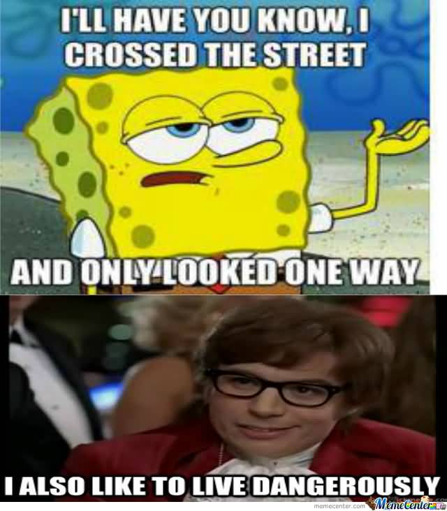 I'll have you know, i crossed the street and only looked one way i also like to live dangerously Funny Spongebob Memes