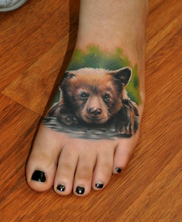 Lovely 3d Animated Colorful Bear Baby Tattoo Design On Foot