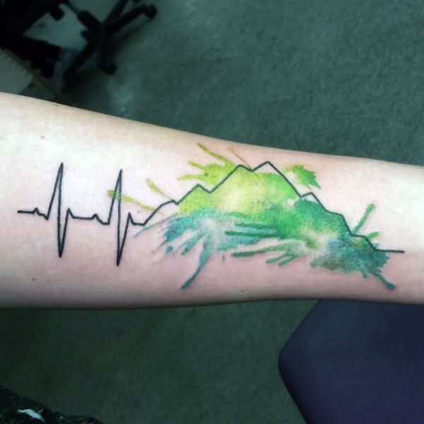 Lovely Green Ink Heartbeat Mountain Tattoo Design For Women Sleeve