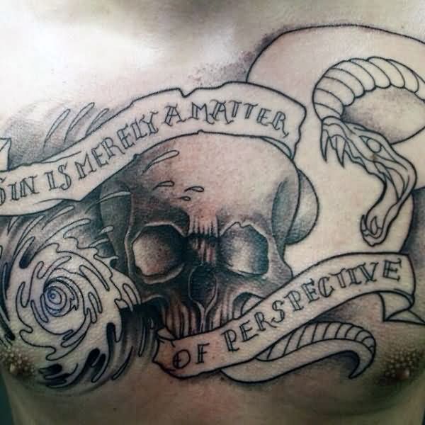 Lovely Grey Ink Skull Banner And Sanke Tattoo For Men Chest