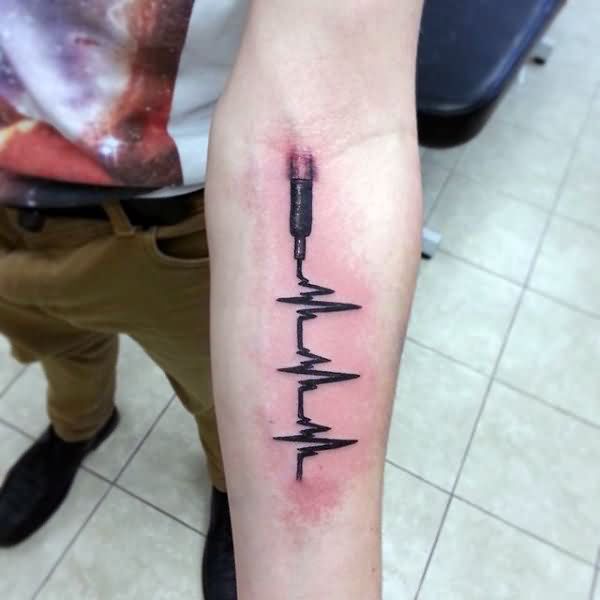 Mind Blowing Black Ink Heartbeat 3d Tattoo Deisgn For Men Lower Arm