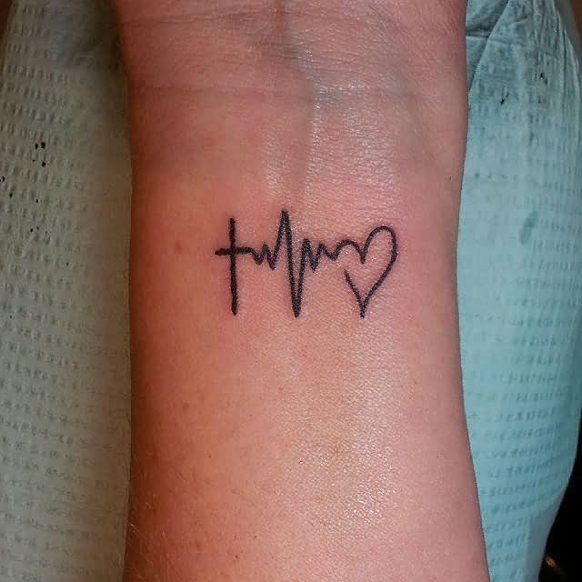 Mind Blowing Heartbeat Cross EKG and Heart Tattoo Design On Wrist