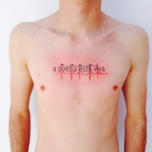 Mind Blowing Red Ink Heartbeat Tattoo For Men Chest With Viva