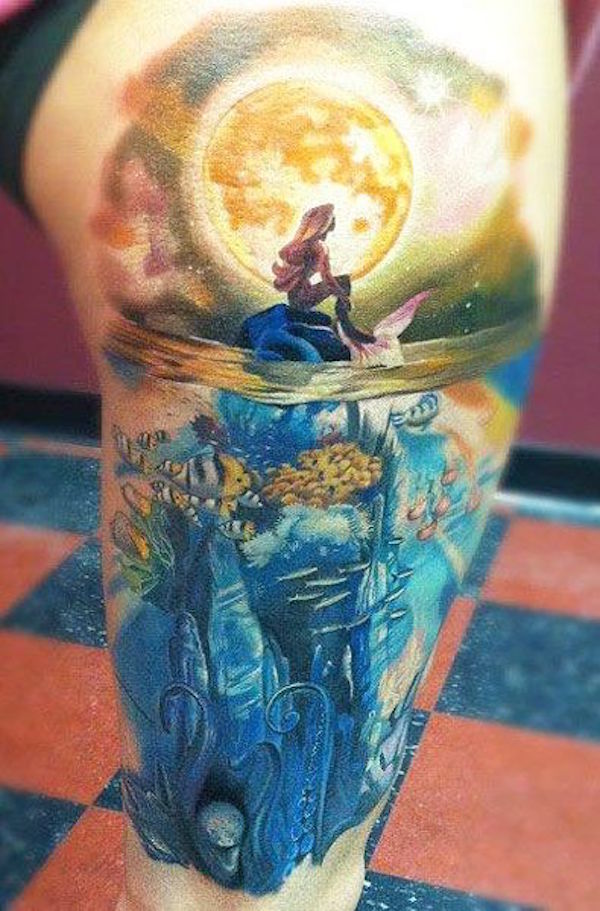Mind Blowing True Animated Mermaid Moon Sea Tattoo For Thigh