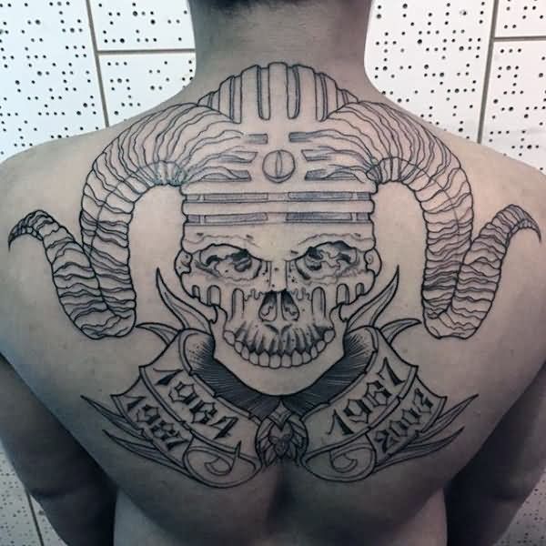Most Scary Skull and Banner Tattoo Outline Design On Men Back