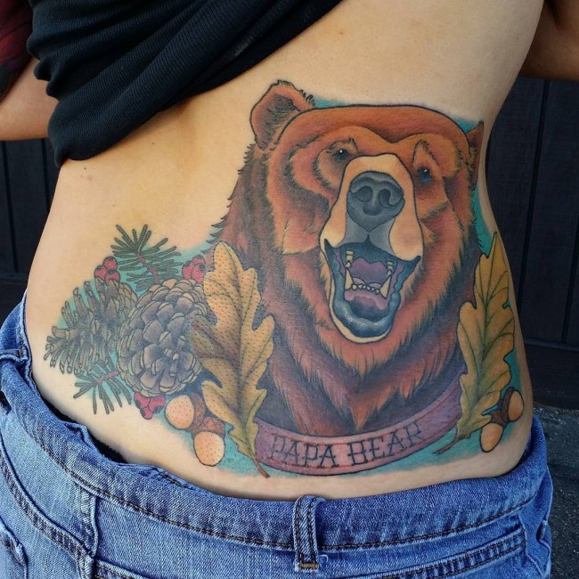 Nice Colorful Ink Bear Animal Leaf Tattoo Design On Women Waist