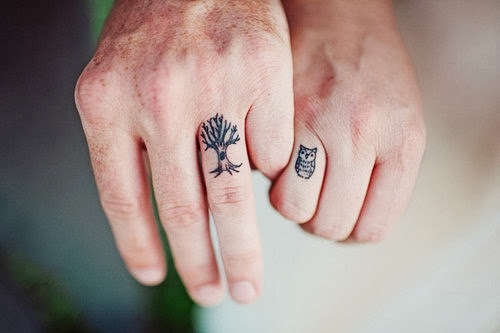 Nice Owl And Tree Tattoo For Couple Fingera