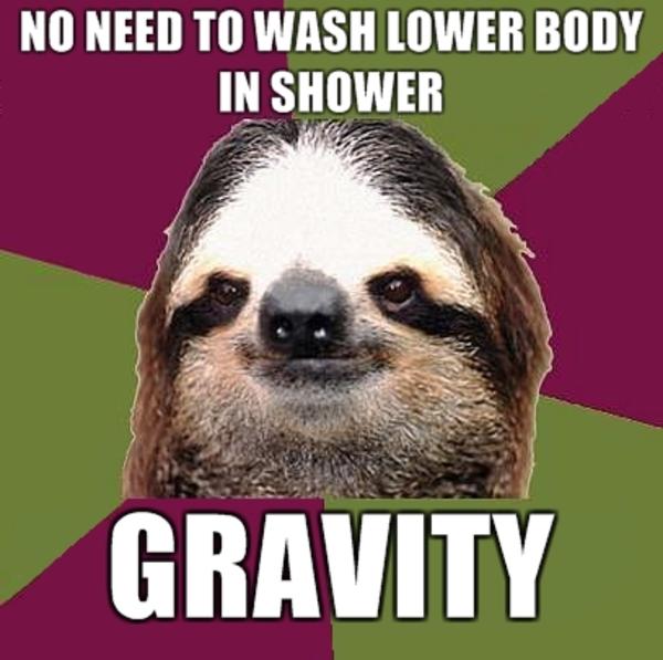No need to wash lower body in shower gravity Funny Sloth Memes