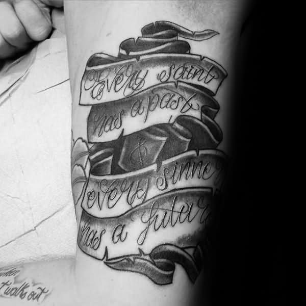 Outstanding Banner Quotes Tattoo Design On Men Upper Arm