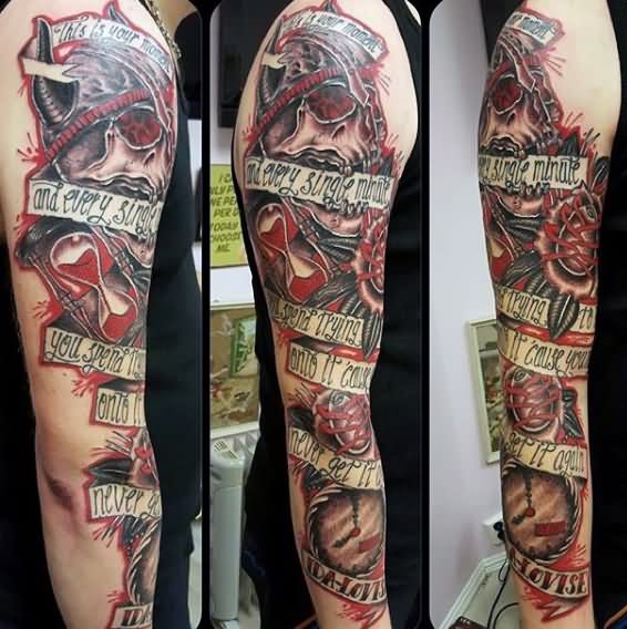 Outstanding Banner Skull Colorful Tattoo Design For Men Full Sleeve