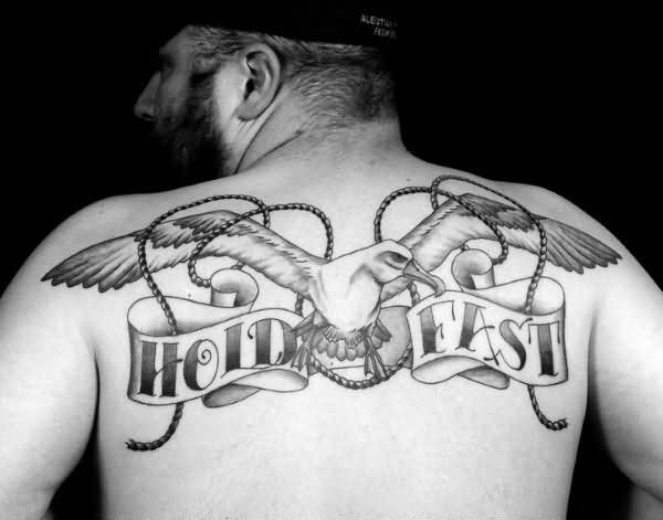 Outstanding Bird With Big Wings Hold Fast Banner and Rope Tattoo For Men Back Body