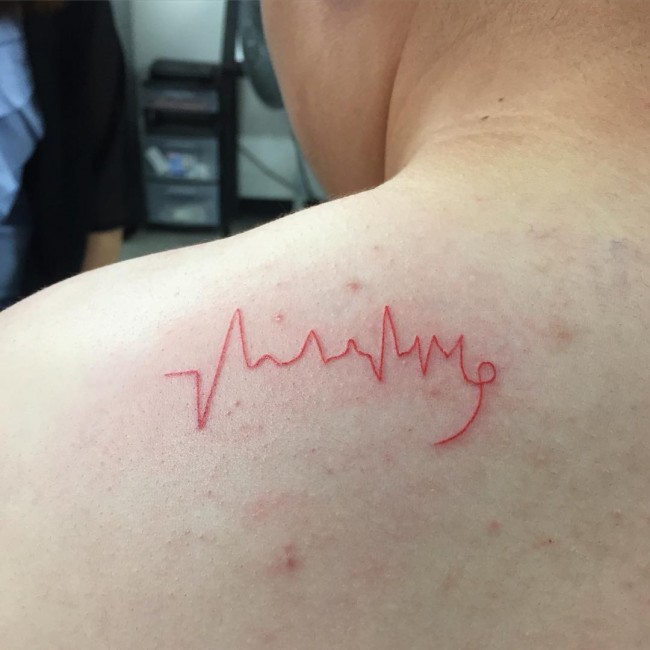 Red Ink Beautiful Heartbeat Tattoo For Men Back Shoulder