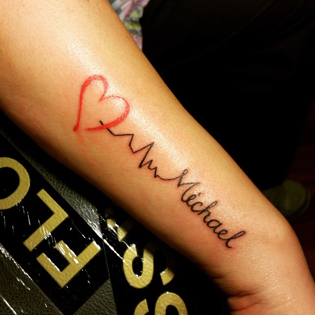 Red Ink Love Michael Heartbeat Tattoo For Girlfriend Lower Arm