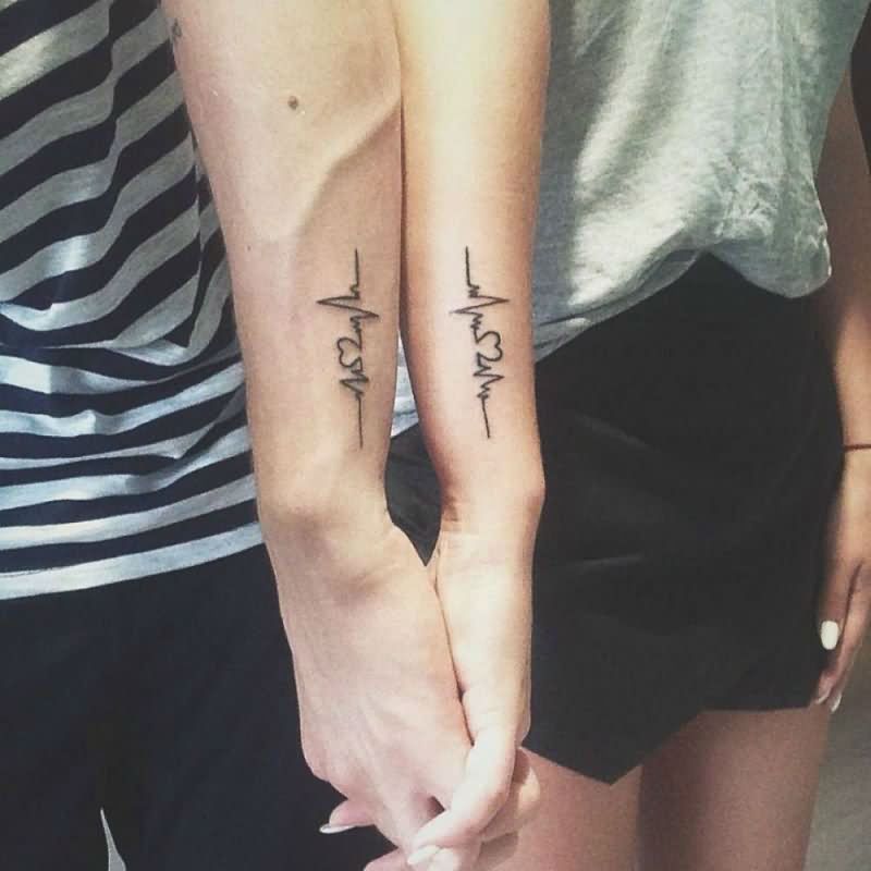 Simple But Awesome Black Ink Heartbeat Tattoo Design For Couple Wrist