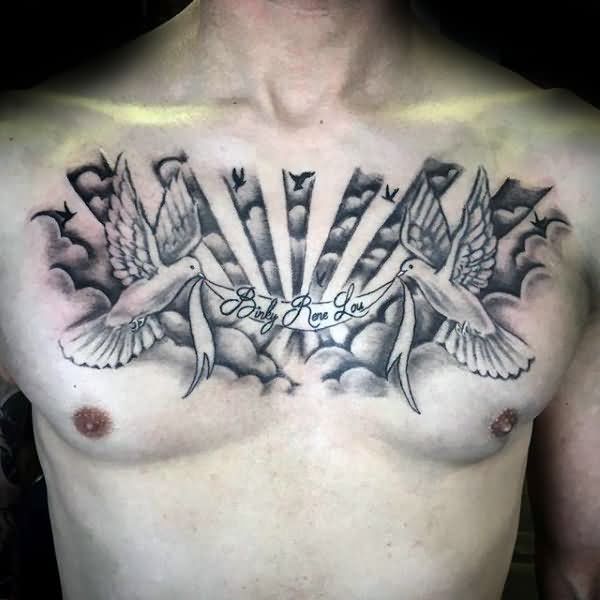 Sweet Banner Dove Birds and Cloud Tattoo For Men Chest