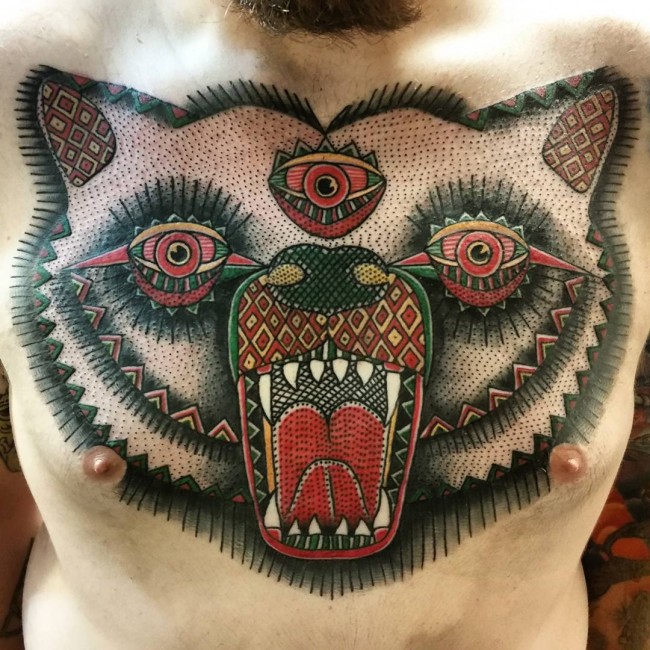 Traditional Grey Ink Bear Third Eye Tattoo For Men Chest