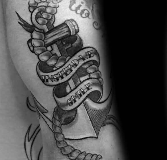 Ultimate Anchor With Rope Instead We Smile Banner Tattoo Design For Men Back Arm