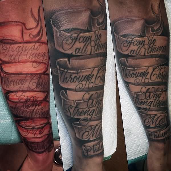Ultimate Grey Ink 3d Banner Tattoo Design For Men Lower Arm