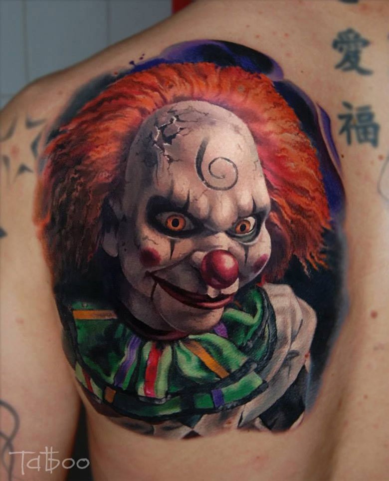 Very Scary Colorful 3d Animated Clown Face Tattoo For Men Back Shoulder