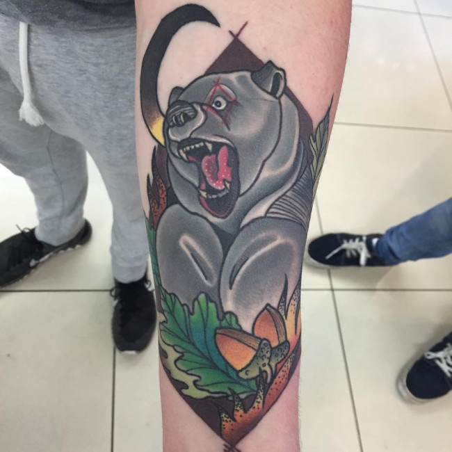 Wonderful Black Grizzly Bear Tattoo Design For Men Lower Sleeve