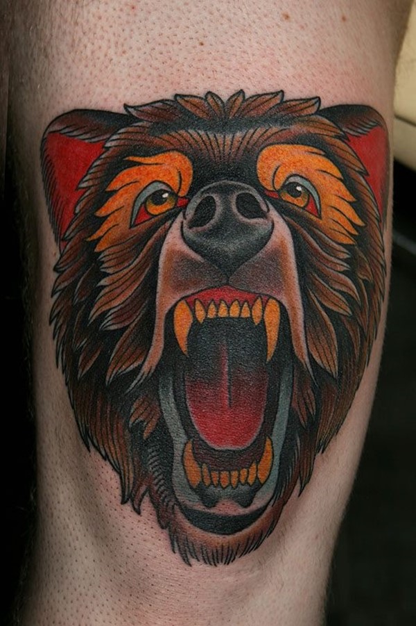 Wonderful Grey Ink Big Bear Face Tattoo Design For Men Back Arm