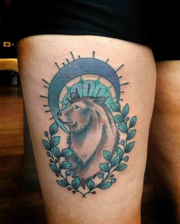 Wonderful Grey Ink Wild Bear Moon Vine Tattoo On Women Thigh