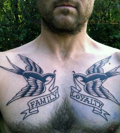 Wonderful Swallow Birds and Family Loyalty Banner Tattoo For Men Chest